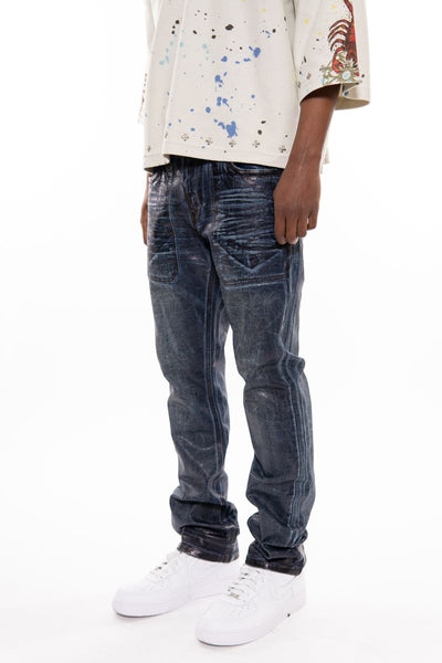 MEN MD INDIGO PATCH POCKET OIL SLICK STRAIGHT LEG JEAN