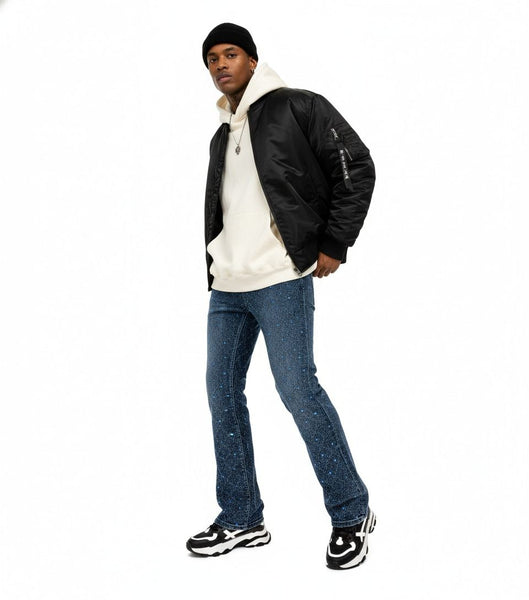 MEN DARK BLUE EMBELLISH RHINESTONE FLARE DENIM