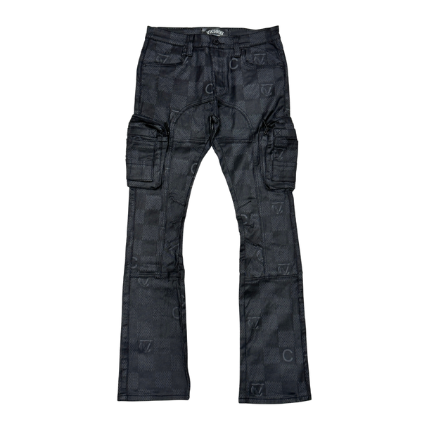 MEN COATED BLACK WAX COATED & PRINTED CARGO SKINNY BOOT CUT DENIM WITH ARTS DETAILS