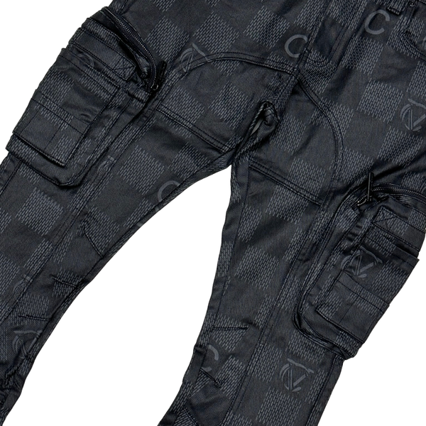 MEN COATED BLACK WAX COATED & PRINTED CARGO SKINNY BOOT CUT DENIM WITH ARTS DETAILS