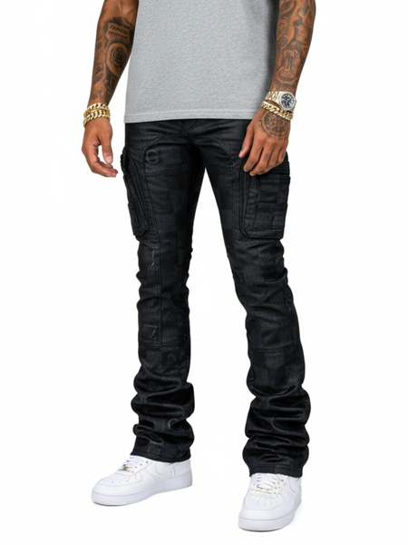 MEN COATED BLACK WAX COATED & PRINTED CARGO SKINNY BOOT CUT DENIM WITH ARTS DETAILS