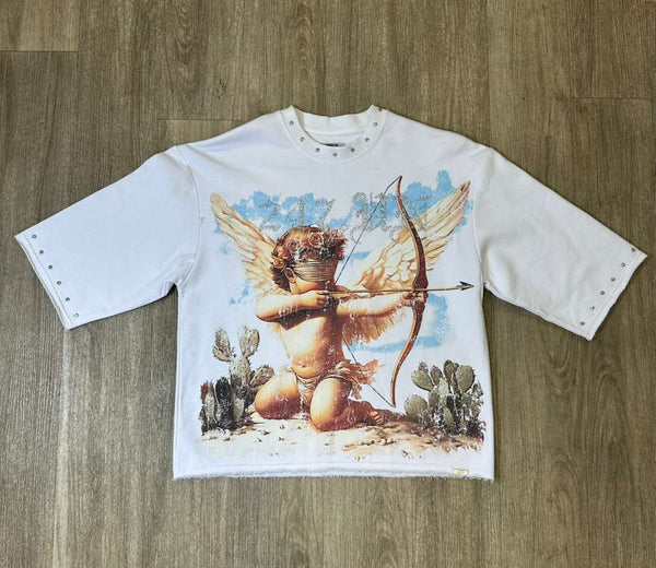 MEN WHITE ANGEL ARROW STUDDED CROP TEE
