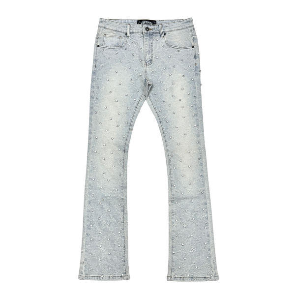 MEN LT BLUE EMBELLISH RHINESTONE SKIINY BOOT CUT DENIM