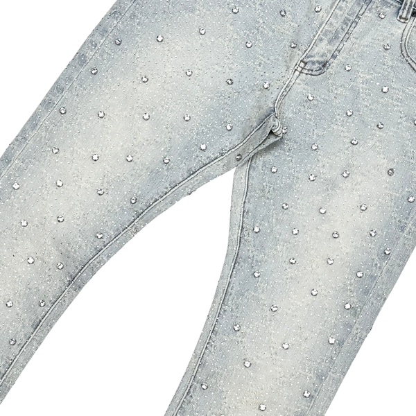 MEN LT BLUE EMBELLISH RHINESTONE SKIINY BOOT CUT DENIM