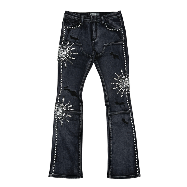 MEN VINTAGE BLACK EMBELLISHED RHINESTONE SKINNY BOOT CUT DENIM