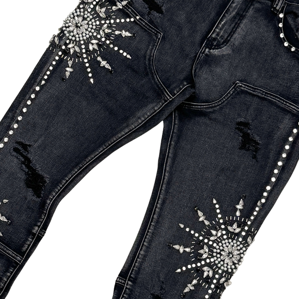 MEN VINTAGE BLACK EMBELLISHED RHINESTONE SKINNY BOOT CUT DENIM