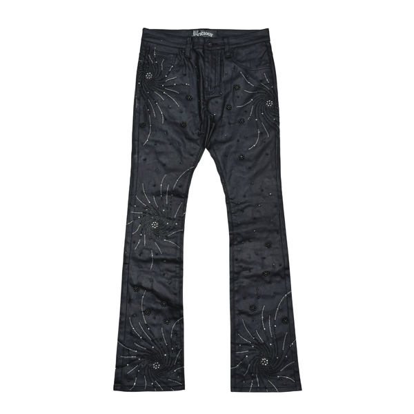MEN COATED BLACK EMBELLISHED RHINESTONE + PEARL SKIINY BOOT CUT DENIM