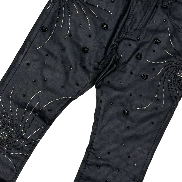 MEN COATED BLACK EMBELLISHED RHINESTONE + PEARL SKIINY BOOT CUT DENIM