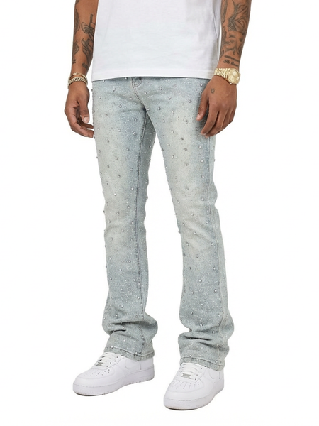 MEN LT BLUE EMBELLISH RHINESTONE SKIINY BOOT CUT DENIM