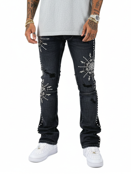 MEN VINTAGE BLACK EMBELLISHED RHINESTONE SKINNY BOOT CUT DENIM
