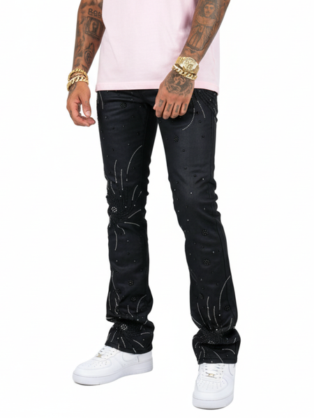 MEN COATED BLACK EMBELLISHED RHINESTONE + PEARL SKIINY BOOT CUT DENIM