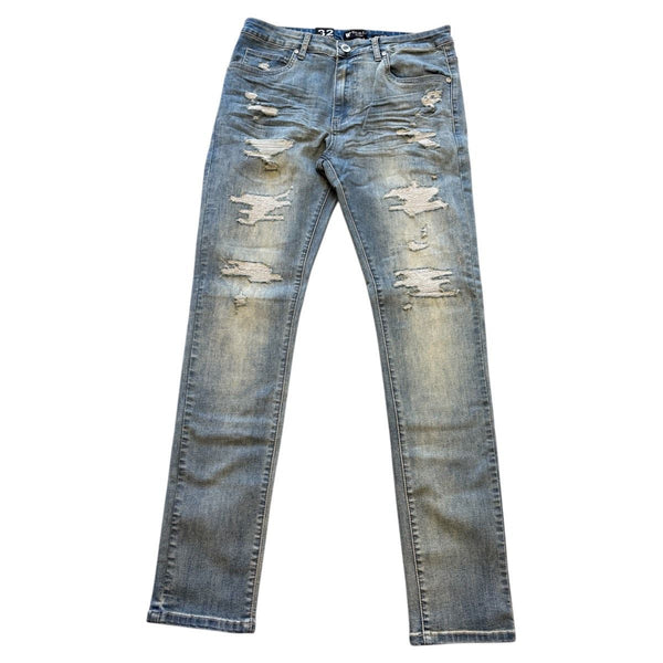 MEN BLUE WASH RIP & REPAIRED DISTRESSED SKINNY FIT JEANS