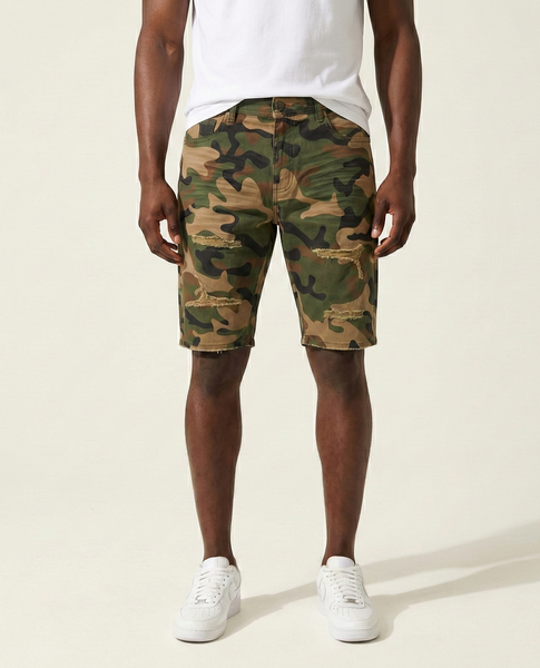 MEN OLIVE CAMO TWILL RIPPED STRETCH SHORTS