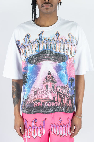 MEN REBEL MINDS WHITE TOWN RHINESTONE TEE