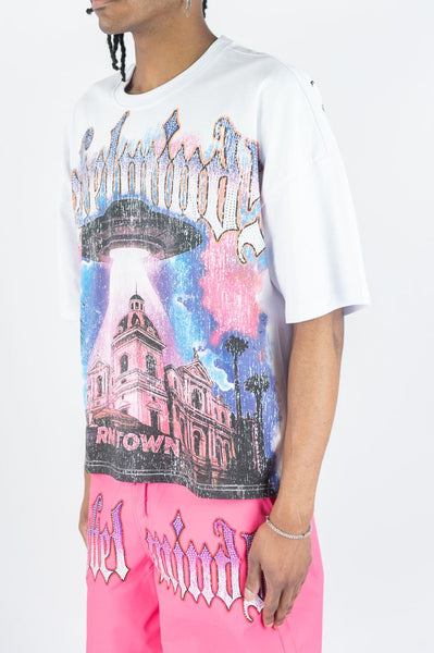 MEN REBEL MINDS WHITE TOWN RHINESTONE TEE