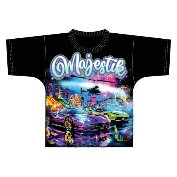 MEN MAJESTISK BLACK FAST CARS F. TERRY DTG PRINT FRONT AND BACK RHINESTONE TEE