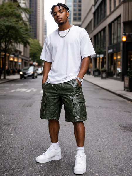 MEN BLACK CROCODILE LEATHER STYLE SHORTS