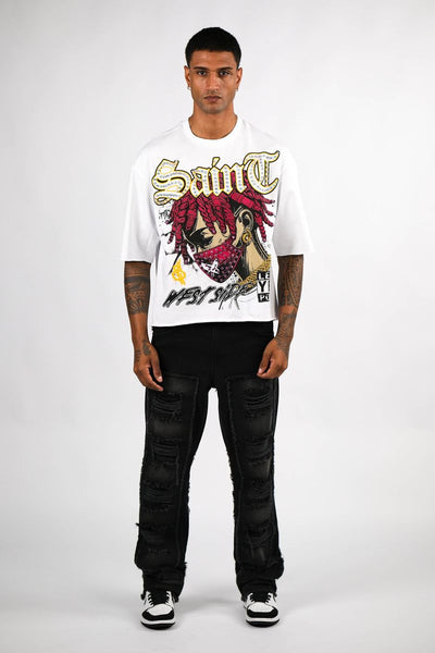 WHITE WEST SIDE RHINESTONE CROP TEE
