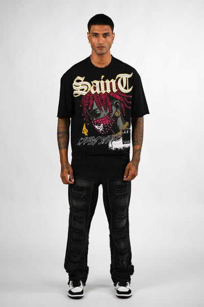 BLACK WEST SIDE RHINESTONE CROP TEE