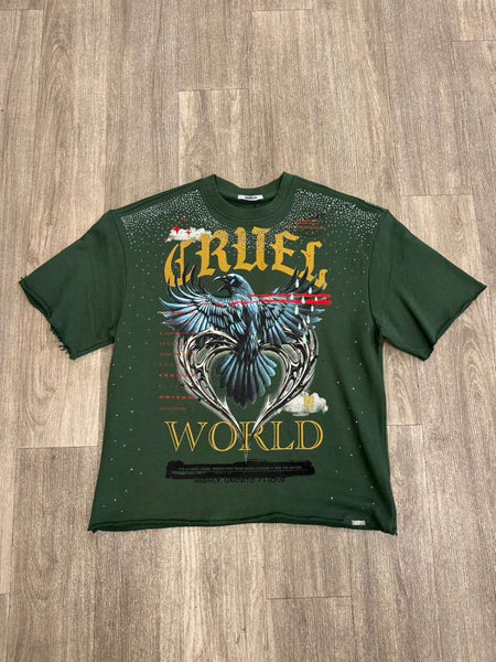 MEN GREEN CRUEL WORLD STUDDED CROP TEE