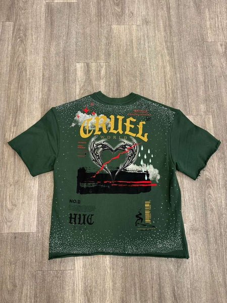 MEN GREEN CRUEL WORLD STUDDED CROP TEE