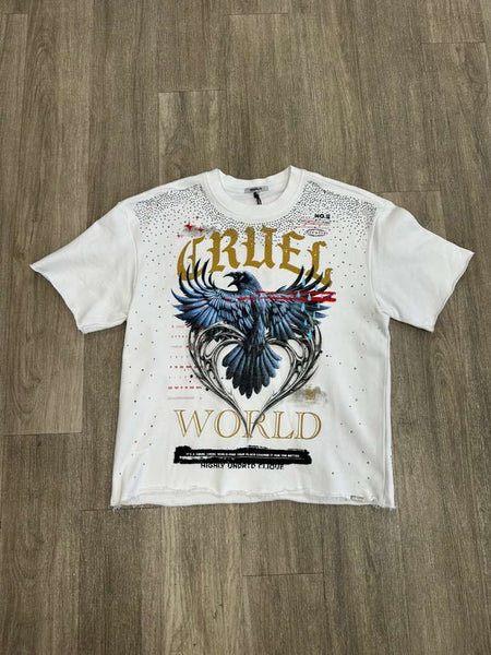 MEN WHITE CRUEL WORLD STUDDED CROP TEE