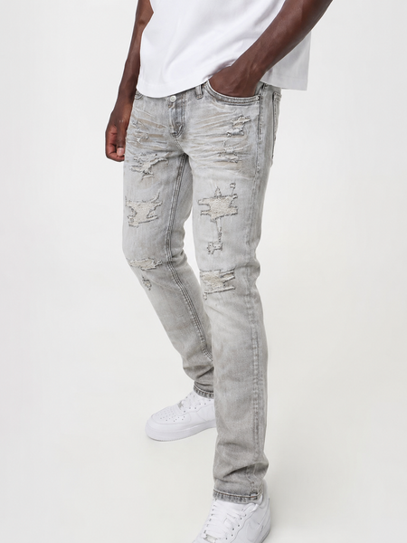 MEN GREY RIP & REPAIRED DISTRESSED SKINNY FIT JEANS
