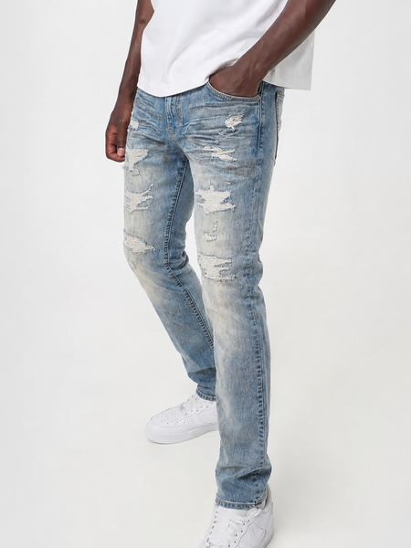 MEN BLUE WASH RIP & REPAIRED DISTRESSED SKINNY FIT JEANS