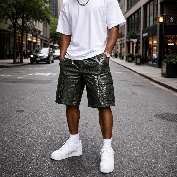 MEN GREEN CROCODILE LEATHER STYLE SHORTS