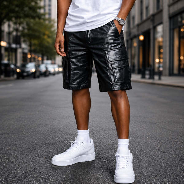 MEN BLACK CROCODILE LEATHER STYLE SHORTS