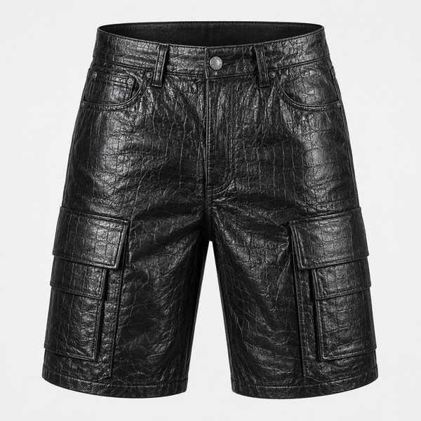 MEN BLACK CROCODILE LEATHER STYLE SHORTS