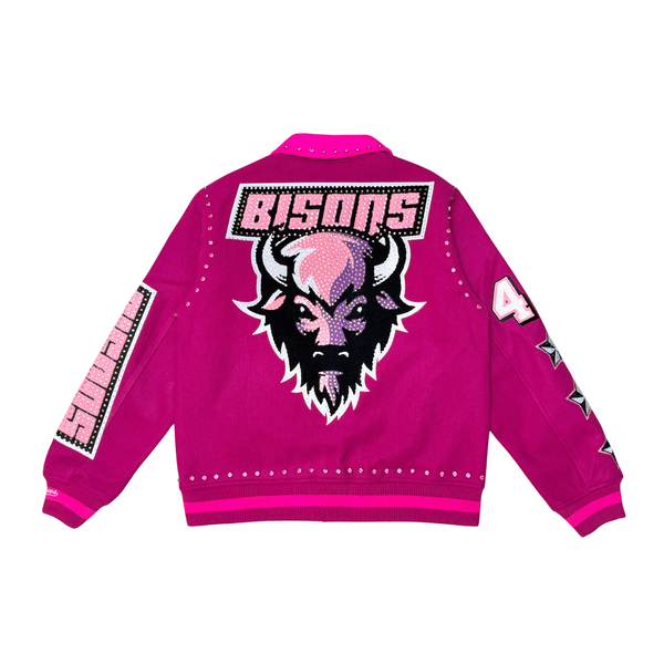 MEN PINK BISON VICIOUS VARSITY WOOL BODY + RHINESTONE SLEEVE JACKET