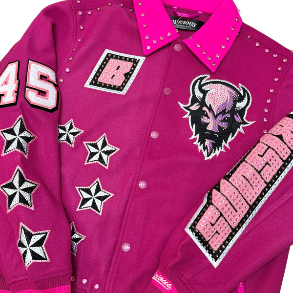 MEN PINK BISON VICIOUS VARSITY WOOL BODY + RHINESTONE SLEEVE JACKET