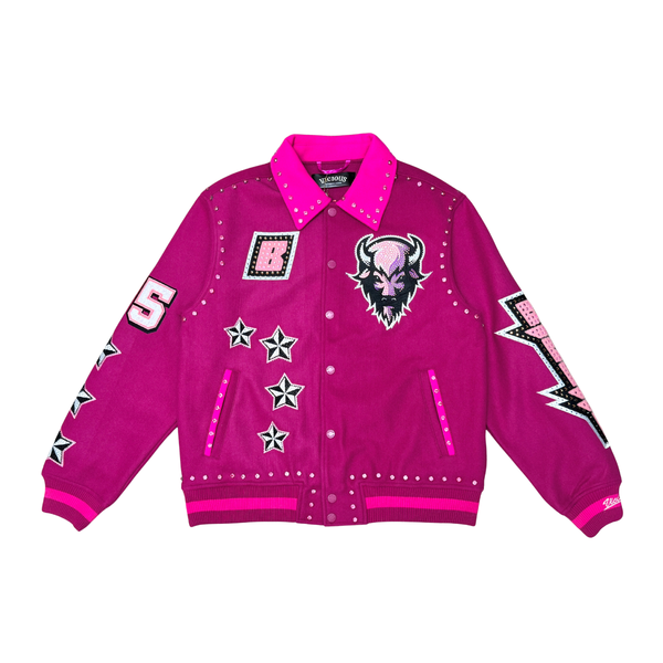 MEN PINK BISON VICIOUS VARSITY WOOL BODY + RHINESTONE SLEEVE JACKET