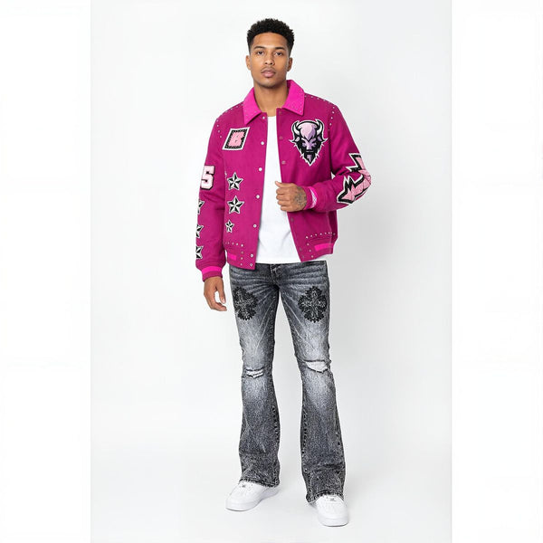 MEN PINK BISON VICIOUS VARSITY WOOL BODY + RHINESTONE SLEEVE JACKET