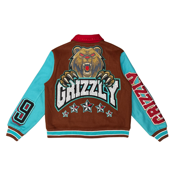 MEN BROWN/ TEAL GRIZZLY VICIOUS VARSITY WOOL BODY +RHINESTONE SLEEVE JACKET