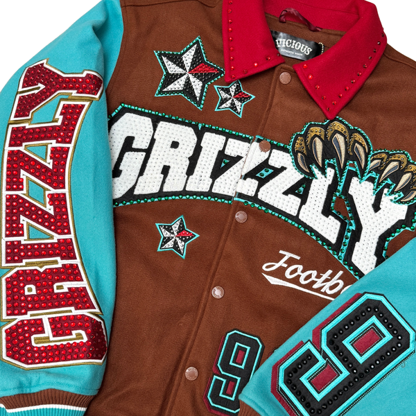 MEN BROWN/ TEAL GRIZZLY VICIOUS VARSITY WOOL BODY +RHINESTONE SLEEVE JACKET