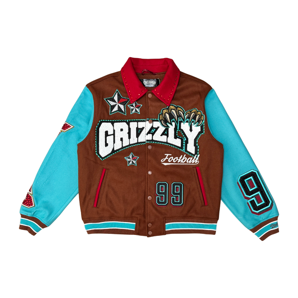 MEN BROWN/ TEAL GRIZZLY VICIOUS VARSITY WOOL BODY +RHINESTONE SLEEVE JACKET