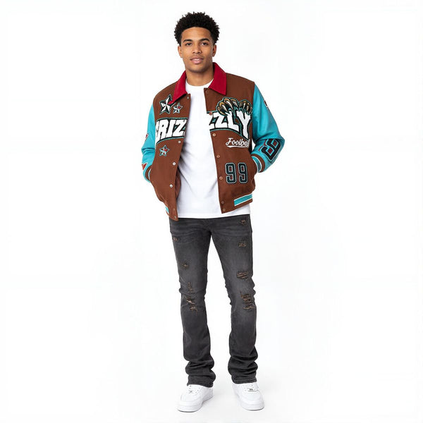 MEN BROWN/ TEAL GRIZZLY VICIOUS VARSITY WOOL BODY +RHINESTONE SLEEVE JACKET