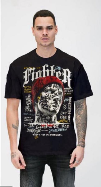 Men Black Fighter Left Point Rhinestone Tee