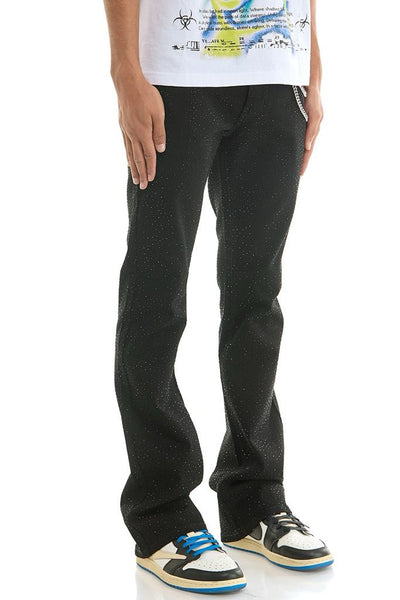 MEN KNDK BLACK TWILL RHINESTONE WITH CHAIN FLARE PANTS