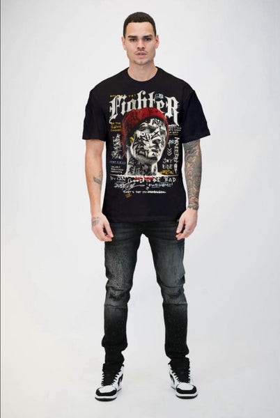 Men Black Fighter Left Point Rhinestone Tee
