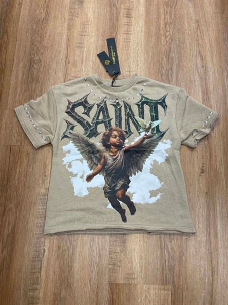 BOYS KHAKI PROTECTED BY FAITH STUDDED SELF MADE CROP TEE