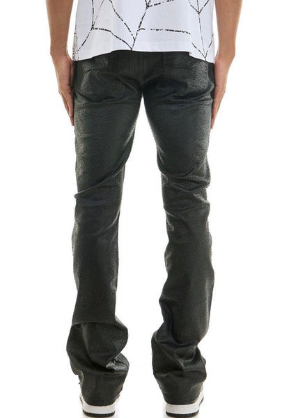 MEN KNDK BLACK WAXED RHINESTONE WITH CHAIN FLARE PANTS