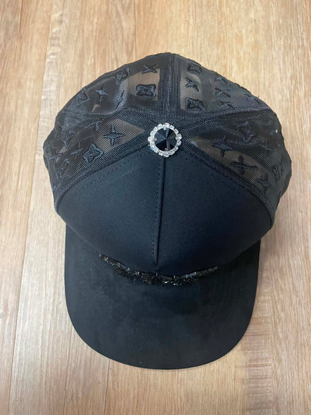 UNISEX BLACk/ BLACK METAL RHINESTONE BLACK TRIPPLE CROSS LOGO SNAPBACK