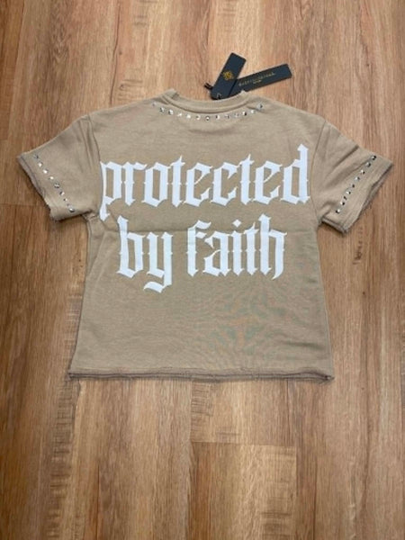 BOYS KHAKI PROTECTED BY FAITH STUDDED SELF MADE CROP TEE