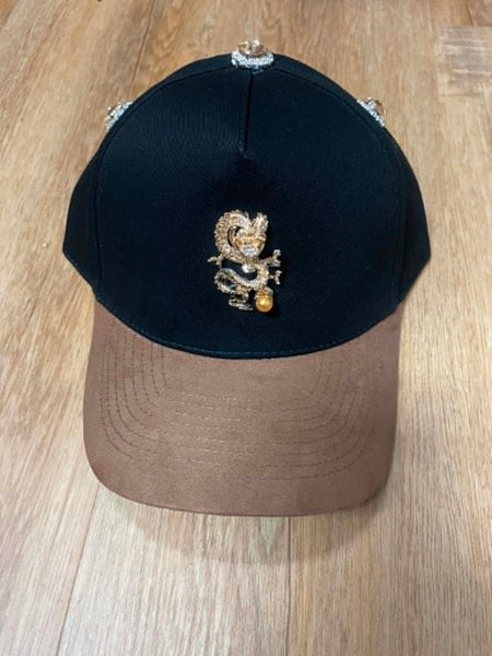 UNISEX BLACK/ BROWN METAL PERAL DRAGAN LOGO RHINESTONE SNAPBACK
