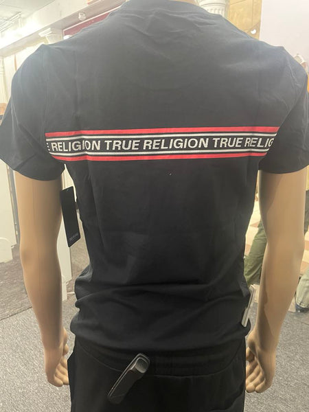 Men Black True Religion with Stitched in Red Black Strip Tee