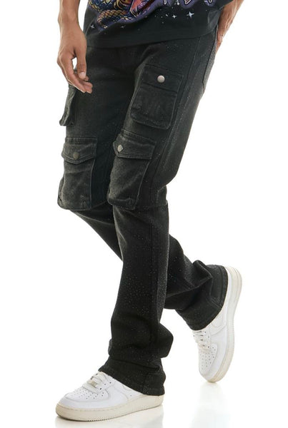 MEN KNDK BLACK CARGO RHINESTONE FLARE PANTS