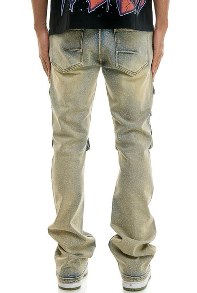MEN KNDK BLUE CARGO RHINESTONE FLARE JEANS